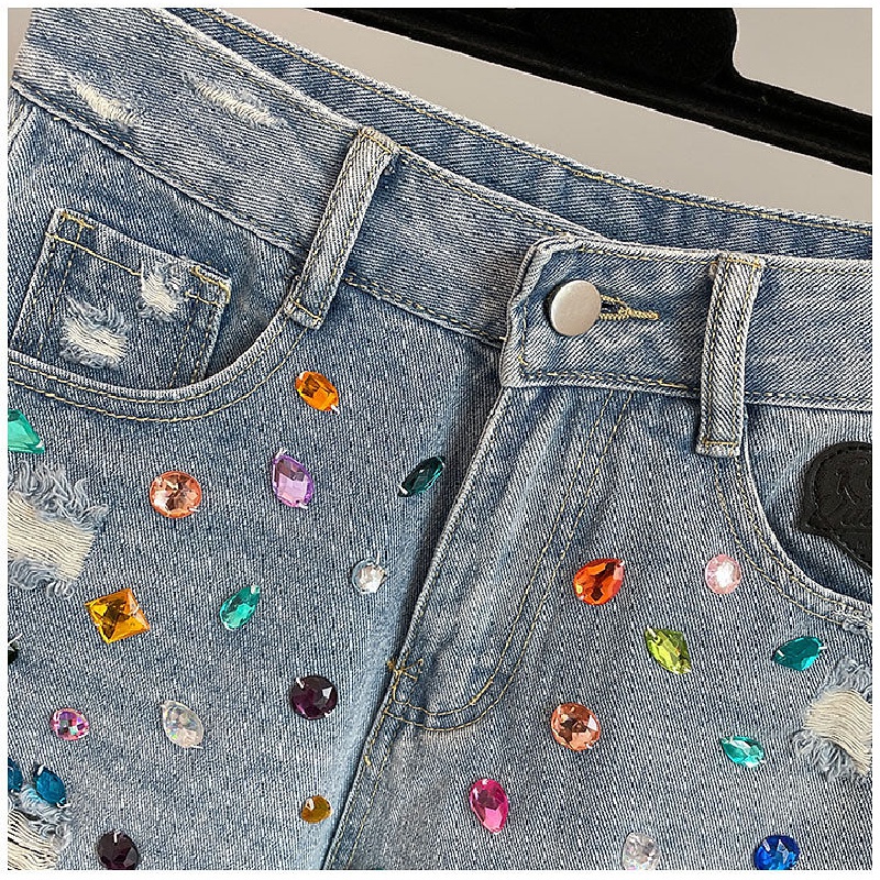 Quần Short Denim Lưng Cao Dáng Rộng Thiết Kế Rách Đính Đá Cá Tính