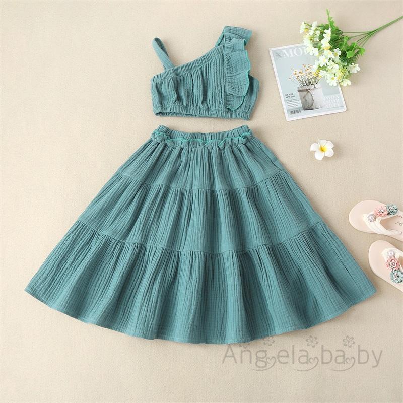 Set Áo Hở Vai Không Tay Nhún Bèo + Chân Váy Chữ A Màu Sắc Xinh Xắn Cho Bé Gái