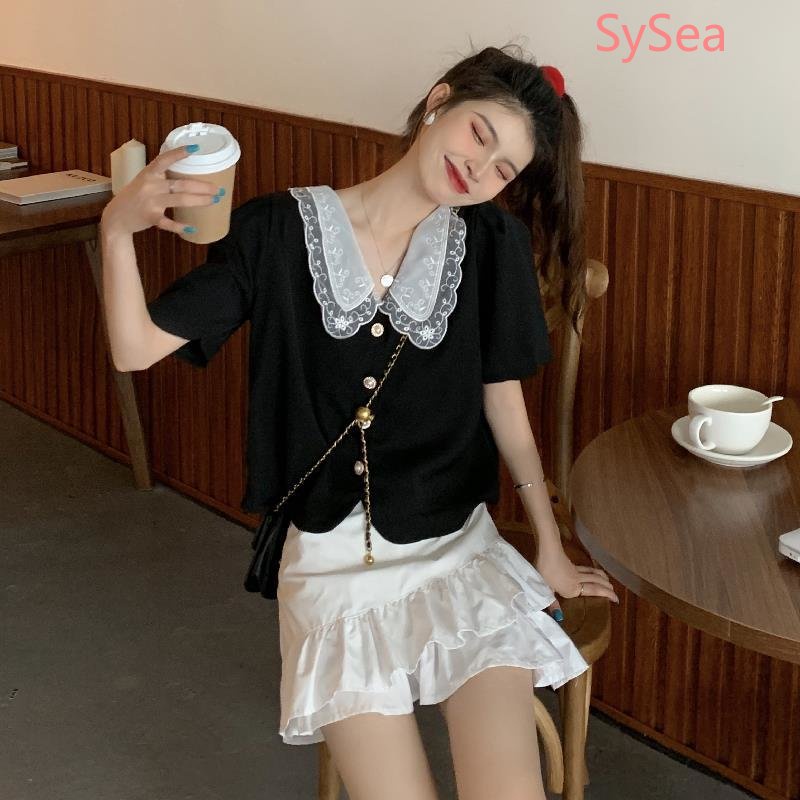 Plus Áo Sơ Mi Ngắn Tay Cổ Búp Bê Kèm Quần Ngắn Thiết Kế Thời Trang Pháp Cho Nữ