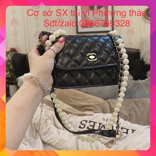 Túi xách nữ, túi đeo chéo katun quai ngọc hoạ tiết ô trám size 20