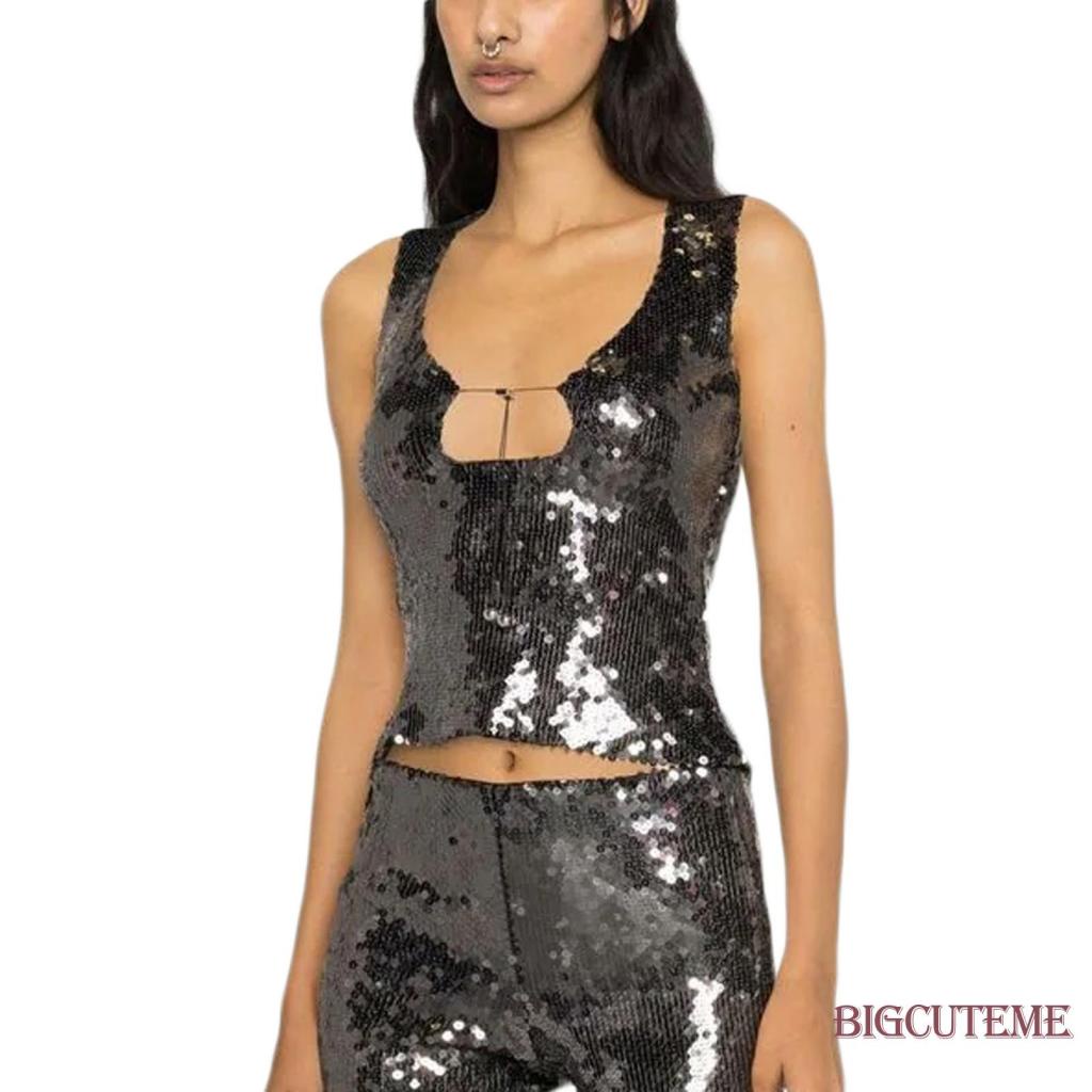 Áo Tank Top Sát Nách Màu Trơn Đính Kim Sa Lấp Lánh Phối Dây Rút Cá Tính Cho Nữ