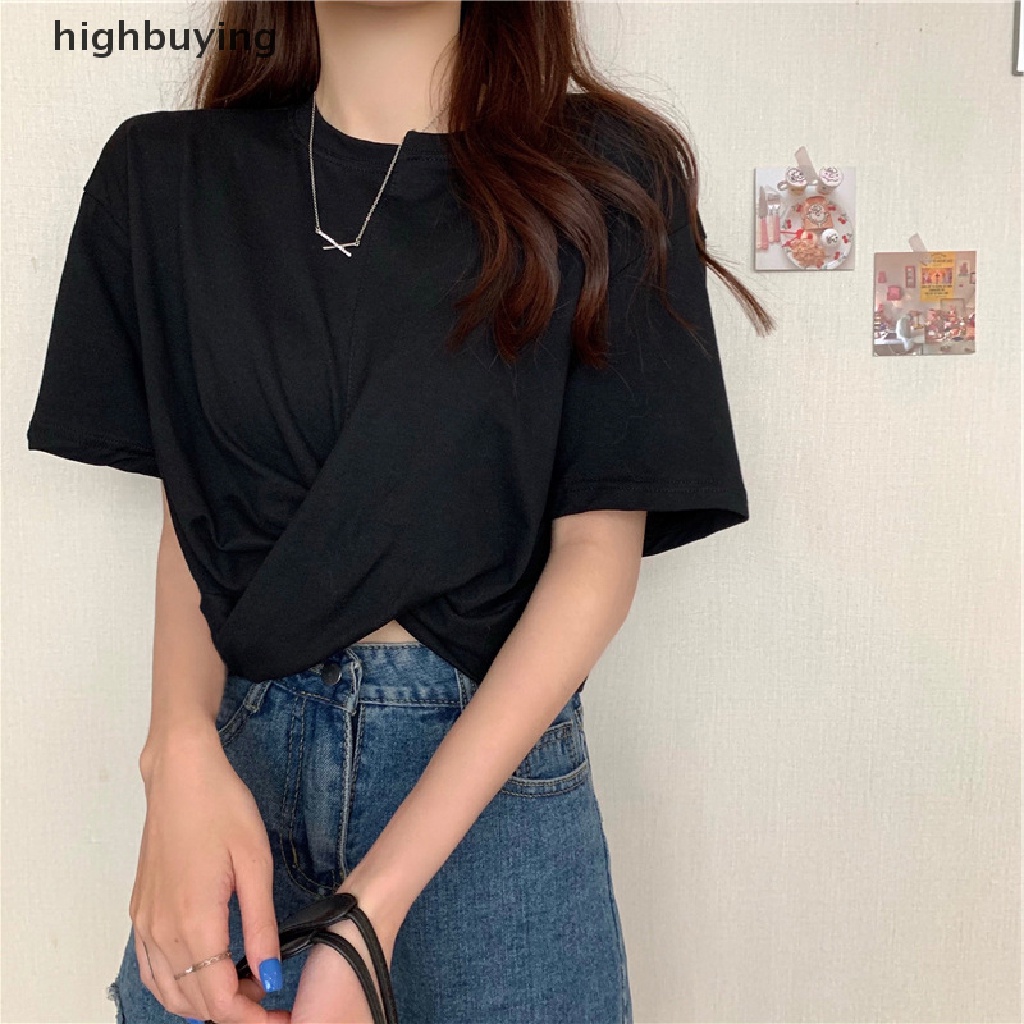 Áo Thun Lửng Ngắn Tay Cổ Tròn Vạt Chéo Thời Trang Nữ Tính