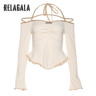 RelaGala Thời Trang Nữ Gợi Cảm Tắt Vai Treo Cổ Áo Thun Dài Tay Mỏng