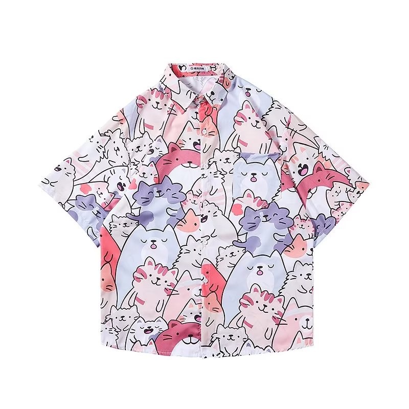 Áo Sơ Mi Ngắn Tay Nhuộm Màu Họa Tiết Hoạt Hình + Quần short Dáng Rộng Phong Cách Hàn Quốc Thời Trang Đi Biển Hawaii