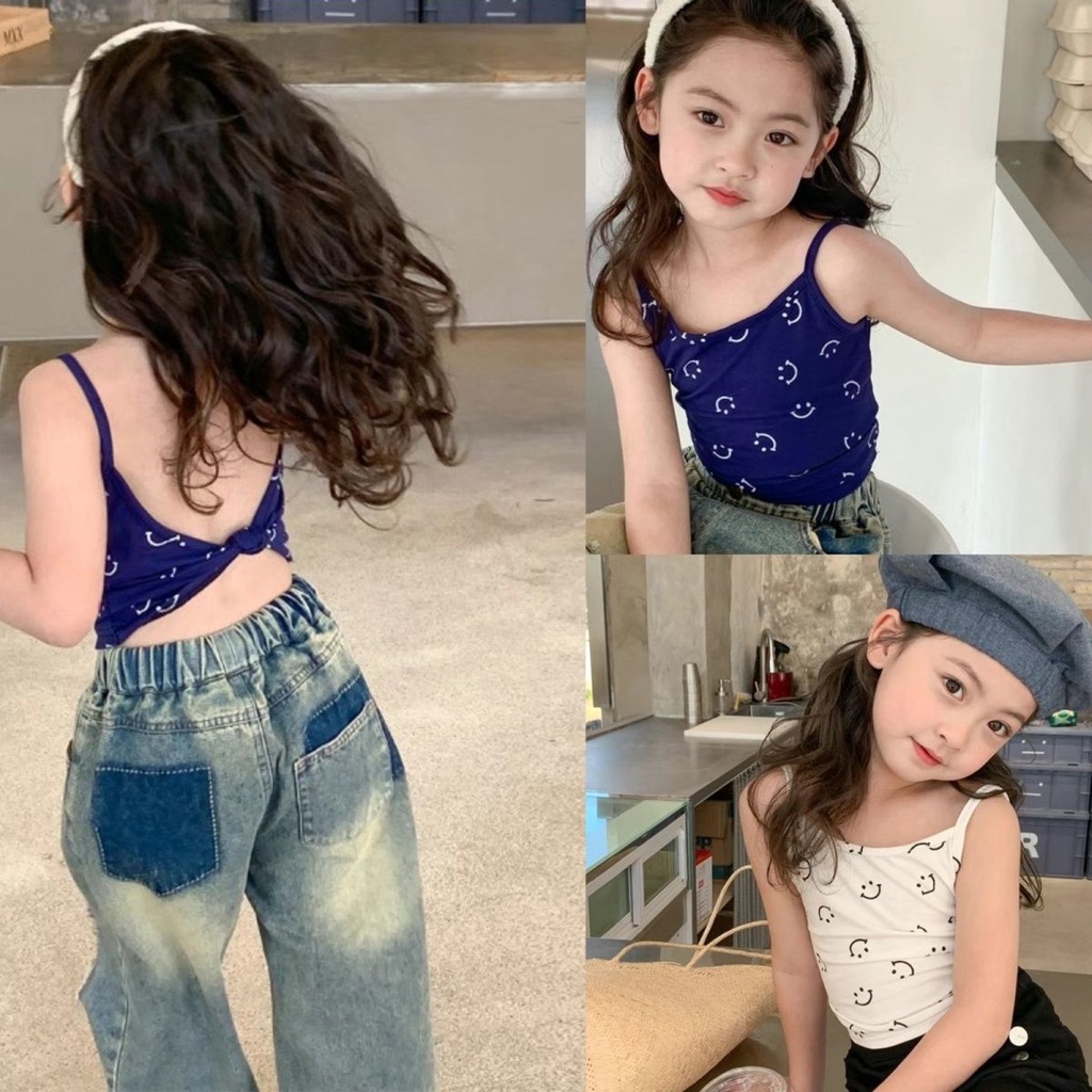 Giao ngay & Miễn phí Vận chuyển Bé gái Địu đeo lưng hở lưng Smiley Quần áo trẻ em Mùa hè 2023 Nữ Vest kho báu Áo bé gái Áo phông không tay có cảm giác thiết kế dành cho trẻ em