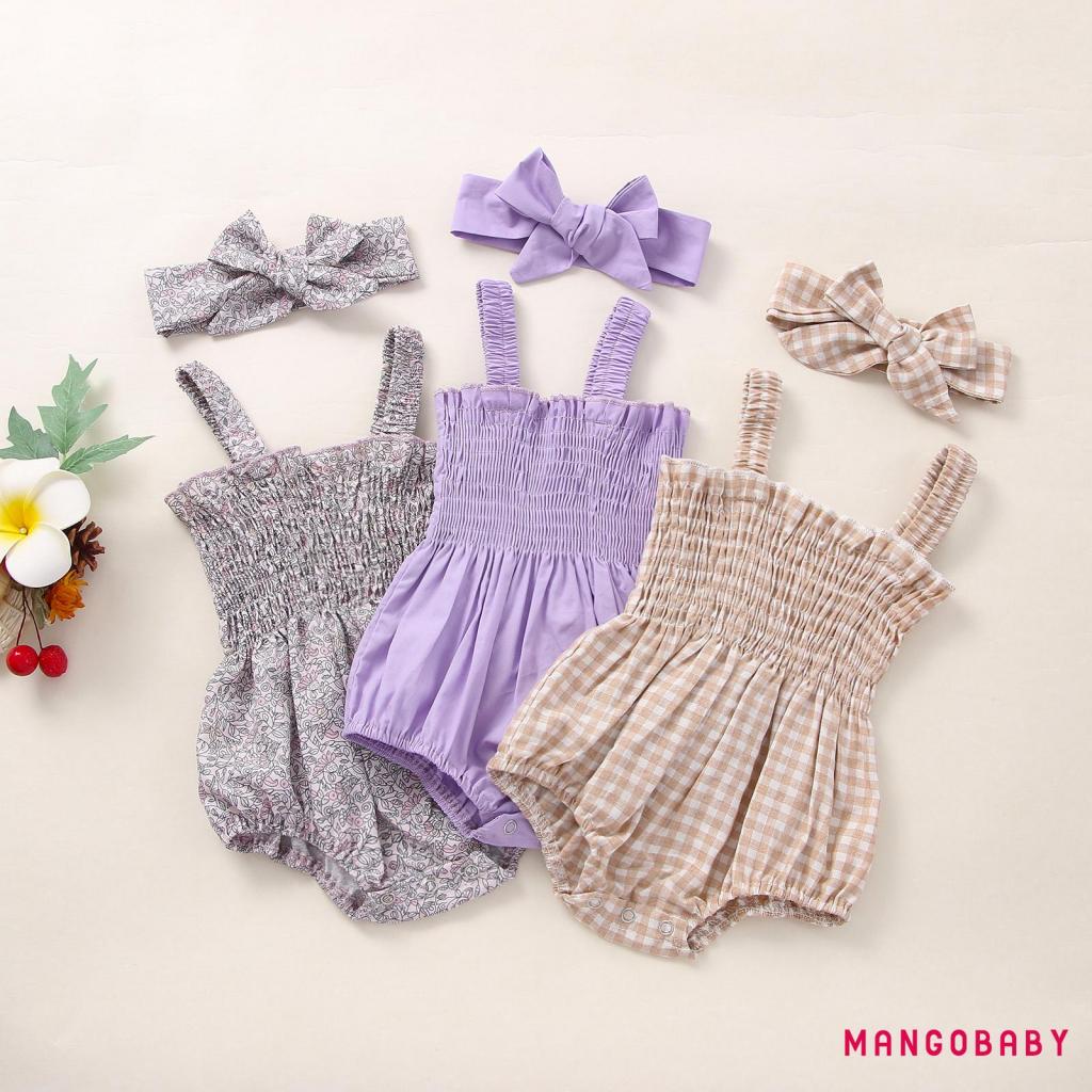 Set Đồ Mùa Hè 2 Món Gồm Áo Liền Quần Hai Dây Có Băng Cài Đầu Và Quần Ngắn Cho Bé Gái