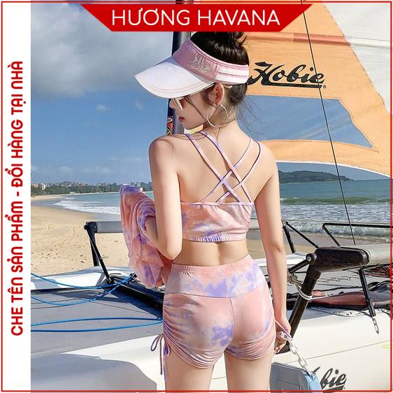 Bộ đồ bơi BIKINI 3 món quần đùi dây rút hông + bra + áo lưới phom rộng màu loang phong cách trẻ trung BK05