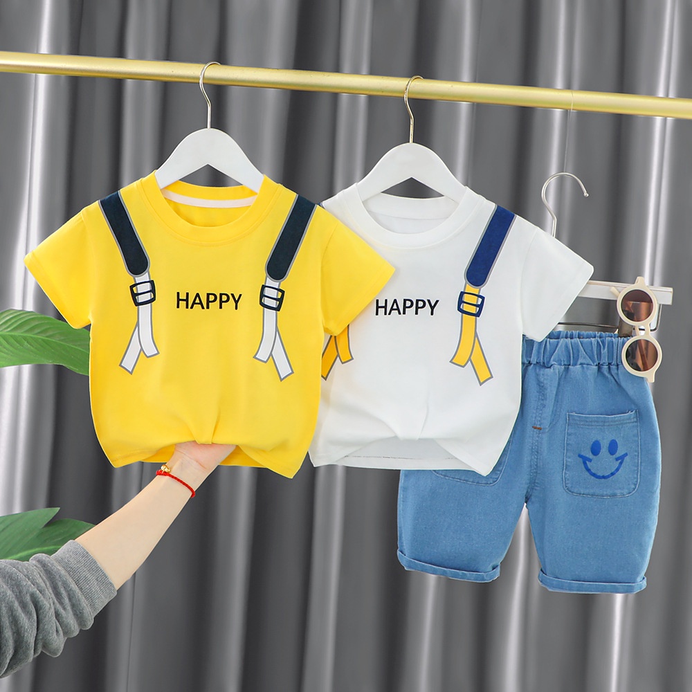 Bộ Áo Thun Tay Ngắn + Quần Short Giả Ba Lô In Hoạt Hình Thời Trang Mùa Hè 2023 Cho Bé Trai
