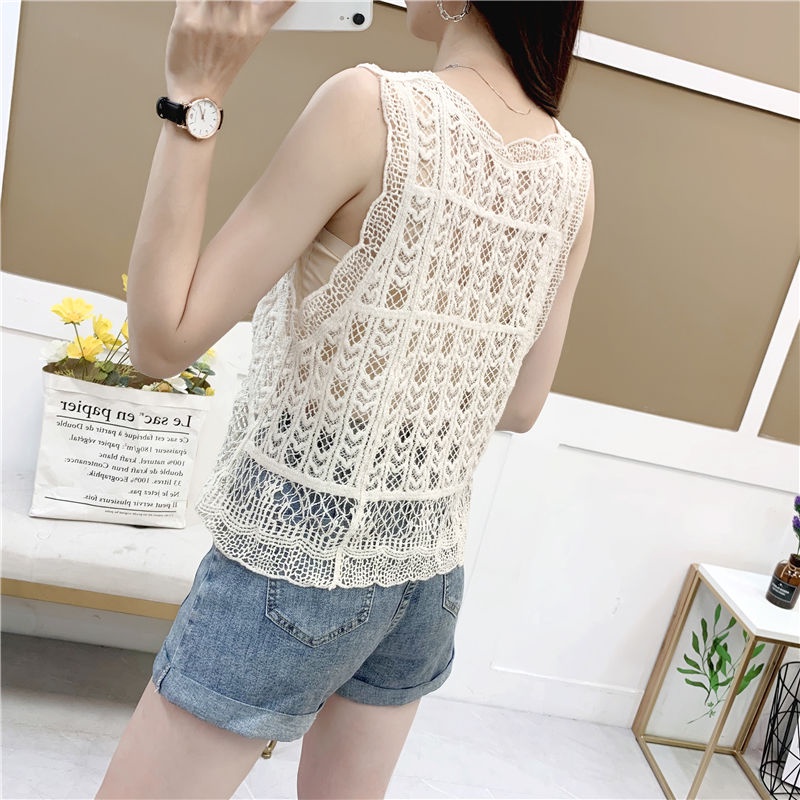 IELGY Áo Kiểu Ngắn Không Tay Cổ Chữ v Họa Tiết Hoa Khoét Lỗ Thời Trang Cho Nữ