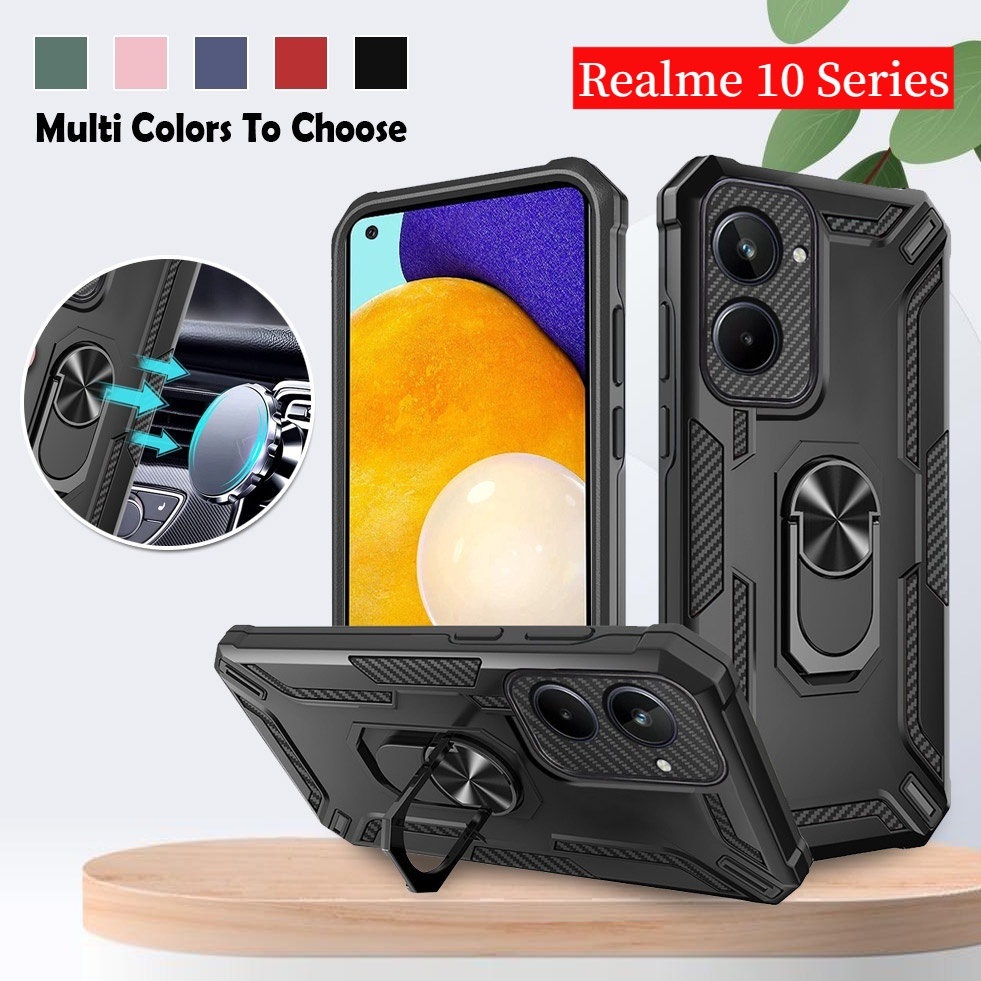 Shockproof Casing For Realme 10 Pro Plus 5G Phone Case Amor Car Magnetic Stand Holder Bracket Cover For Realme10 4G 10Pro 10Pro+ 10ProPlus Hard Back Carbon Fiber Cases