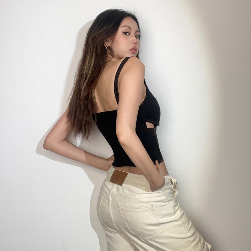 Kliou 2023 new Y2K Áo Croptop Hai Dây Ôm Dáng Màu Đen Thiết Kế Rỗng Gợi Cảm Sành Điệu Thời Trang Cho Nữ