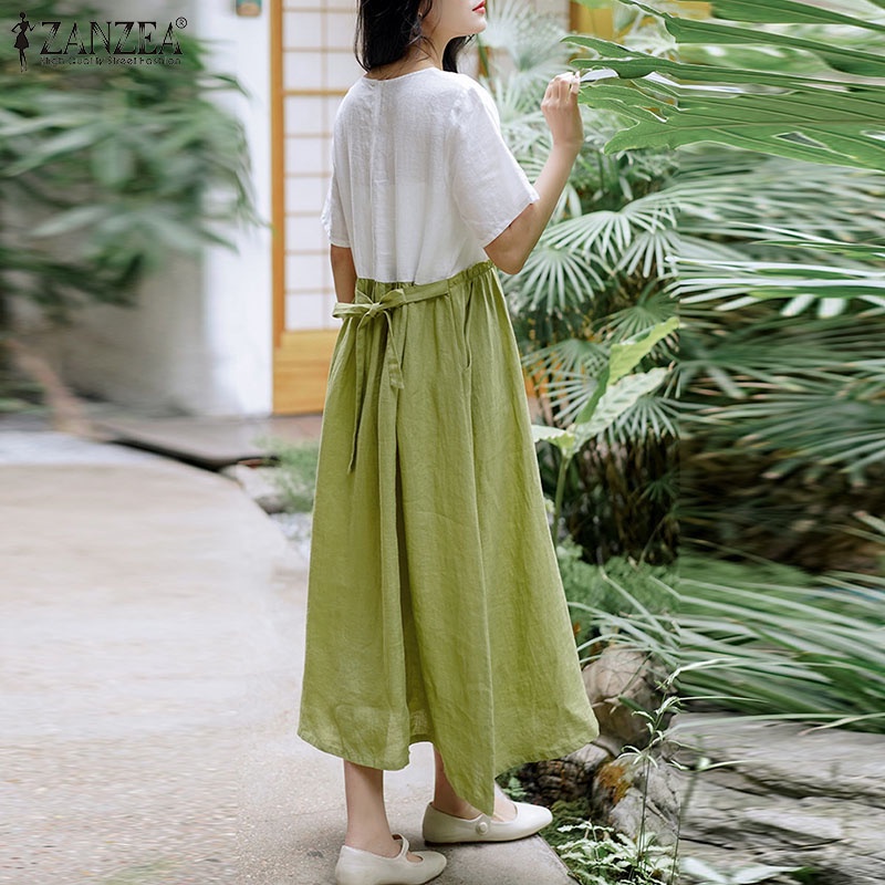 Đầm nữ ZANZEA tay ngắn cổ tròn có túi thời trang