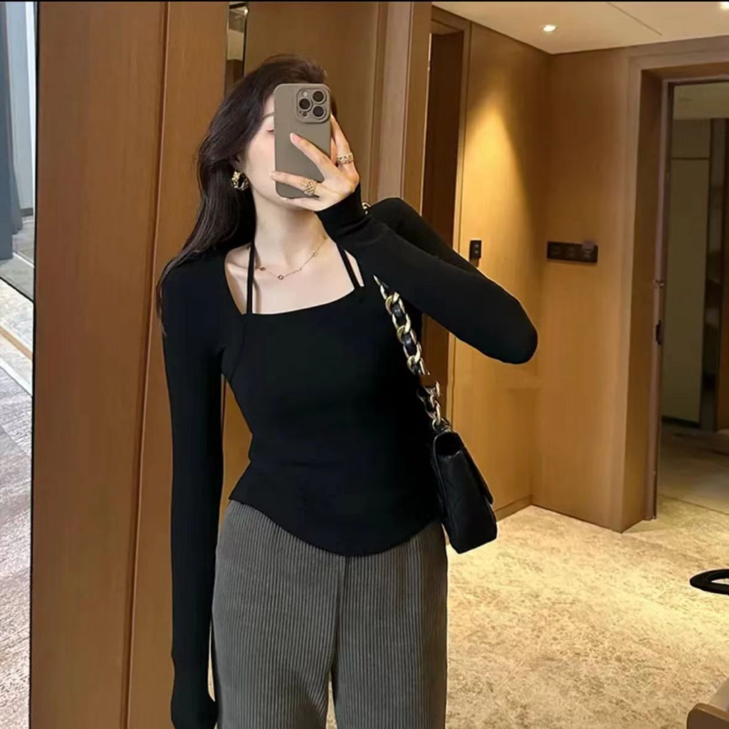 Áo Thun Tay Dài Dáng Ôm Cột Dây Thời Trang Xuân Thu Cho Nữ