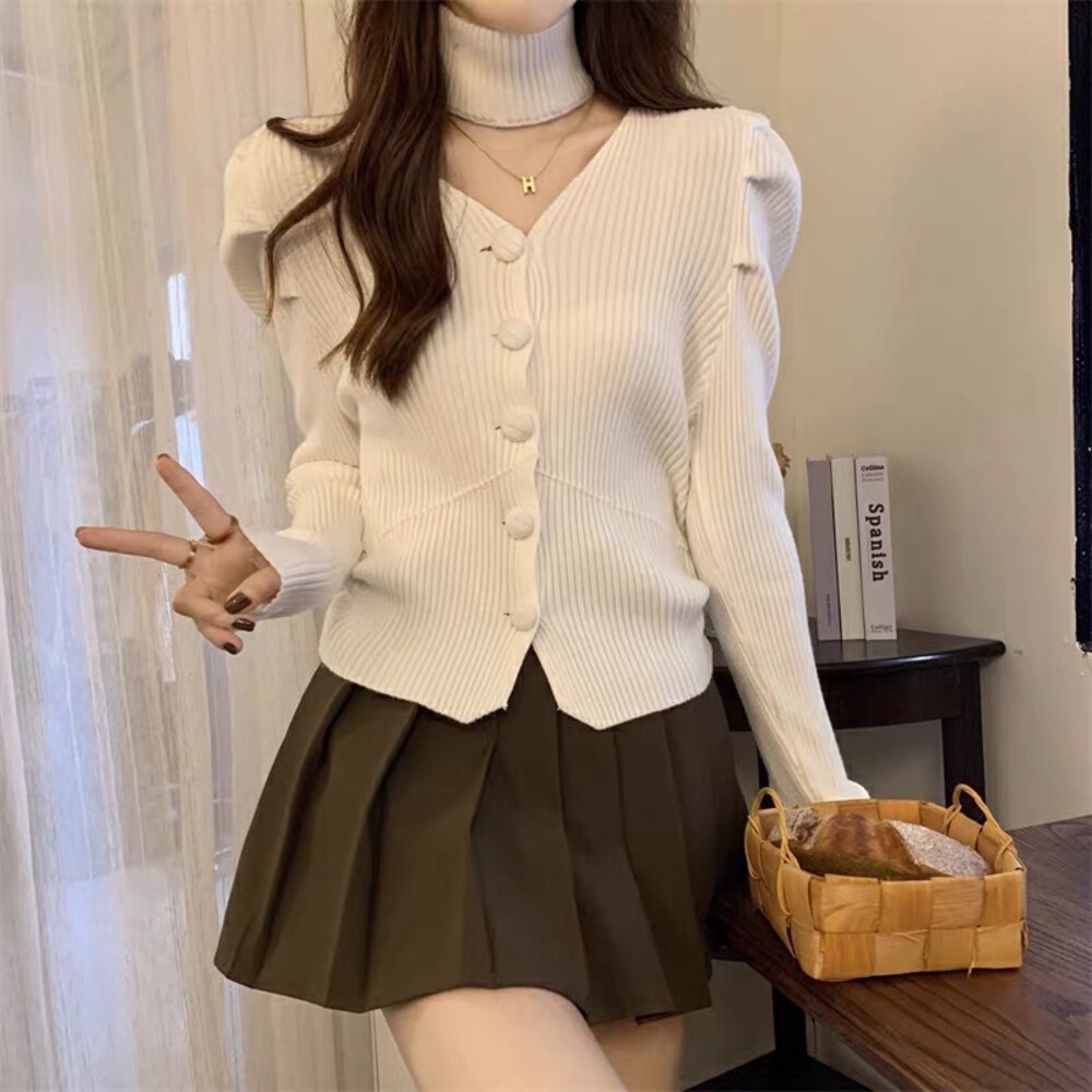 Áo Len Cardigan Mỏng Cổ Chữ V Tay Phồng Phong Cách Ngọt Ngào 25061# Vật Liệu Mềm Chất Liệu HBX H HBX Cung Điện Rau Củ Quả