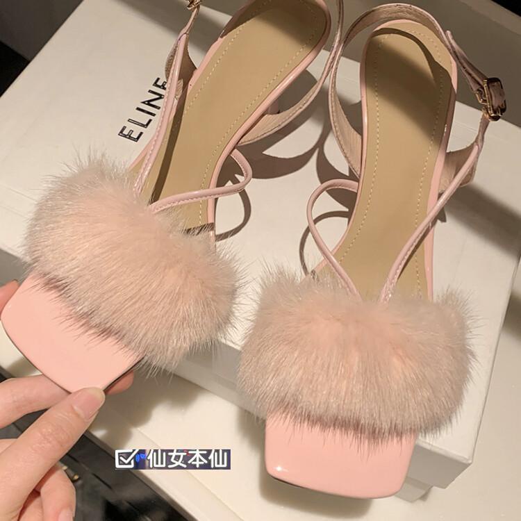 Giày Sandal Cao Gót 6.5cm Hở Ngón Phối Lông Thỏ Thời Trang Mùa Hè Cho Nữ