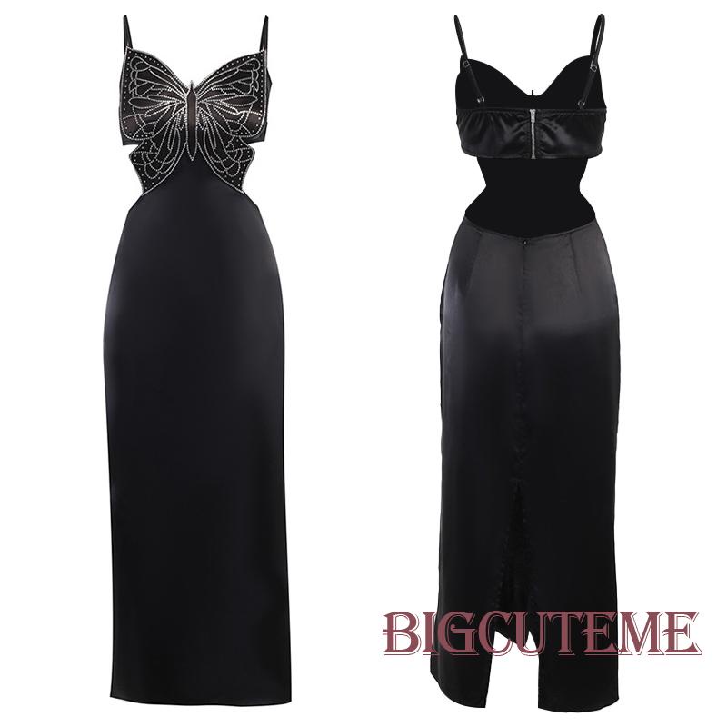 [] - Đầm Dài Không Tay Cổ Chữ V Hở Lưng Màu Đen Họa Tiết Bướm Đính Kim Cương Phong Cách Đường Phố Dự Tiệc Cho