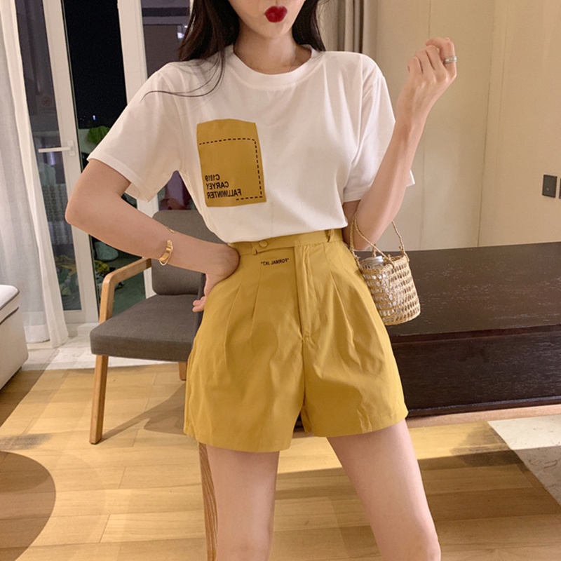 IELGY Set Áo Thun Ngắn Tay + Quần short Lưng Cao Thời Trang Nữ