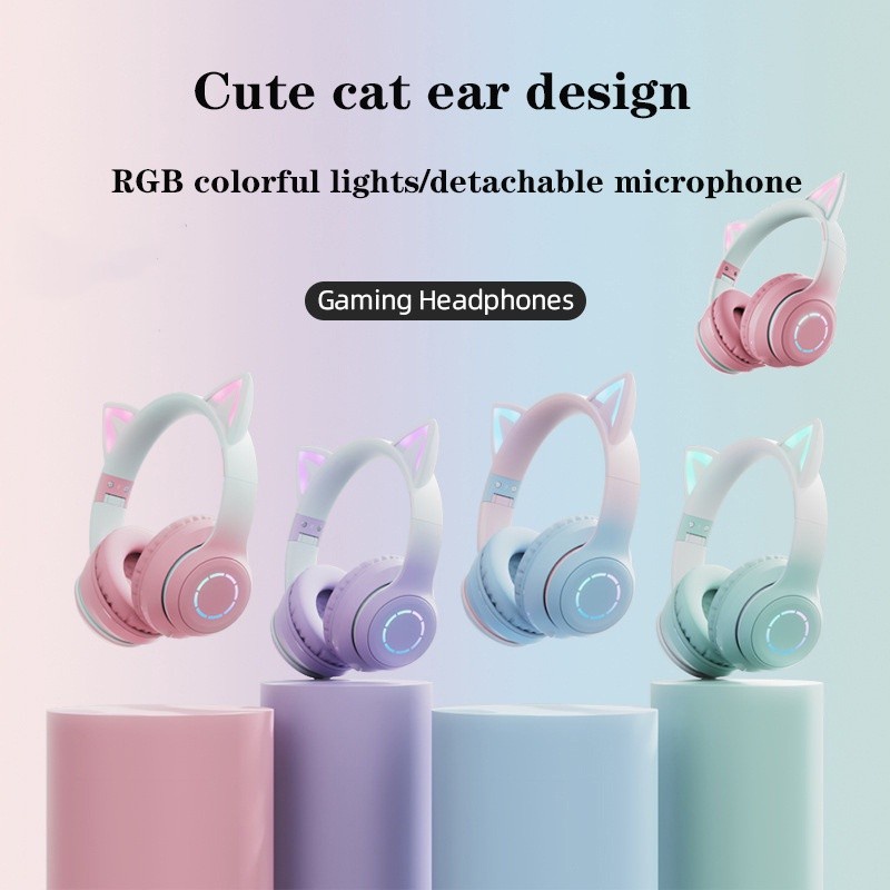 Tai Nghe Bluetooth Không Dây Hình Tai Mèo RGB Giảm Tiếng Ồn Cho iPhone Android Điện Thoại