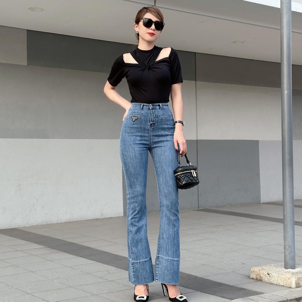 Quần jeans ống loe lưng cao phối 2 túi trước thiết kế 4YOUNG QJ482