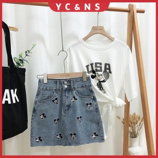 Chân Váy Denim Thêu Họa Tiết Chuột Mickey Xinh Xắn Dành Cho Nữ