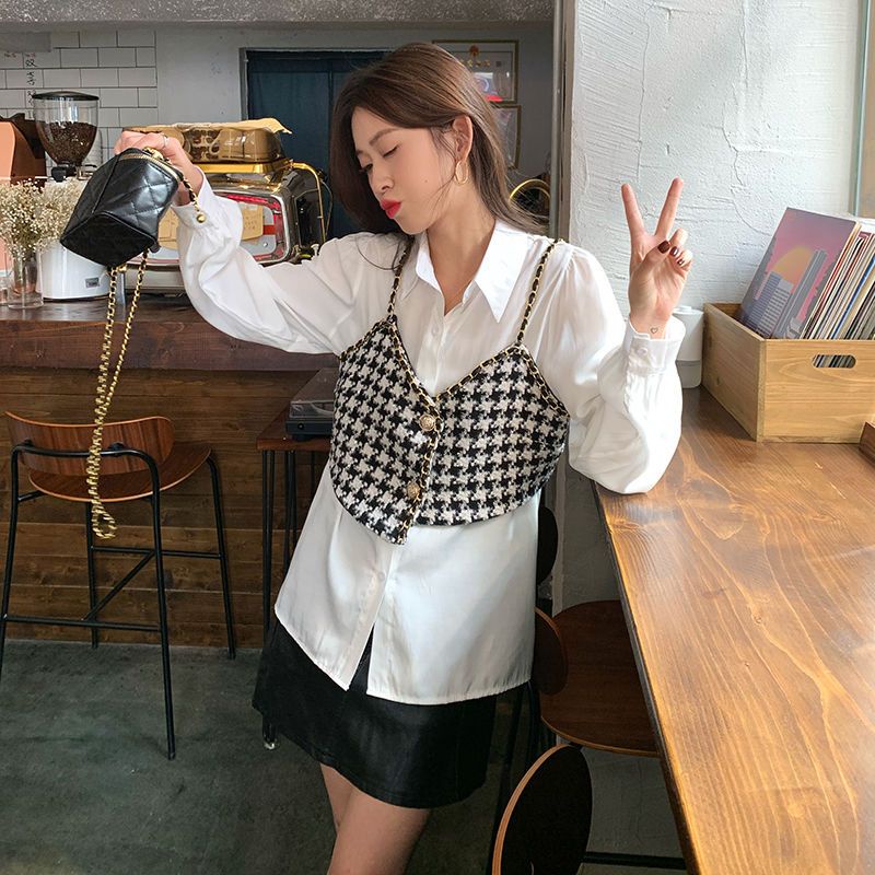 Áo tay dài+áo yếm Set Áo Hai Dây Dáng Ngắn + Áo Sơ Mi Không Tay Thiết Kế Xinh Xắn Thời Trang