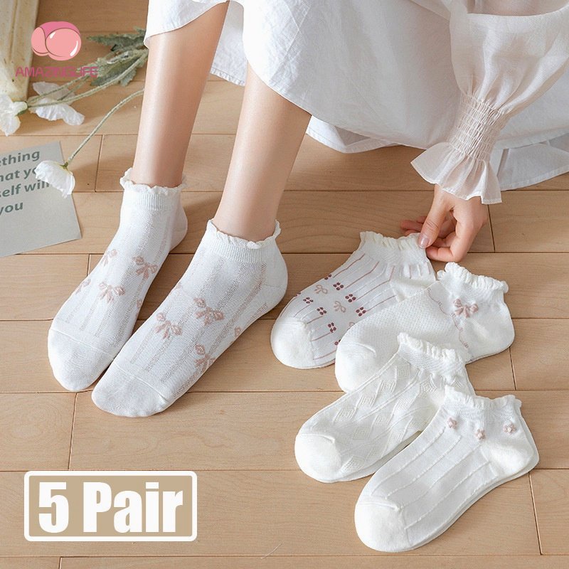 Set 5 Đôi Tất Ren Cổ Thấp Mềm Mại Phong Cách Lolita Ngọt Ngào Cho Nữ