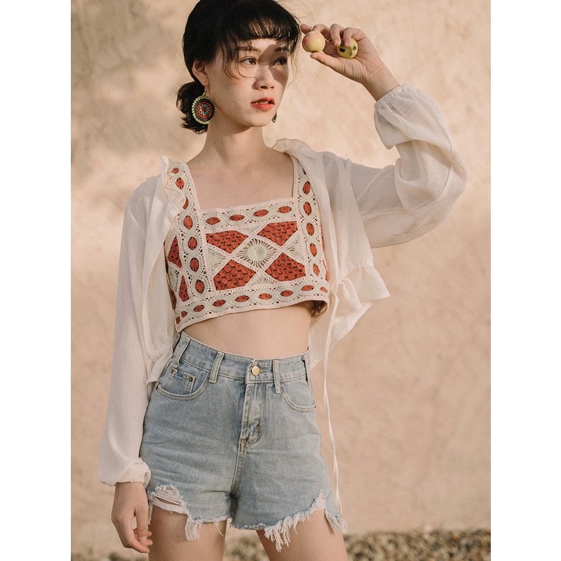 Áo hai dây cổ vuông đan móc hoạ tiết trám đi biển, mix váy áo MS577