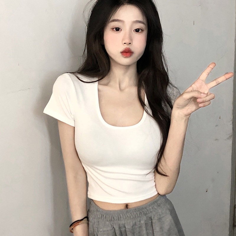 Áo Thun Ôm Sát Cổ Chữ U Quyến Rũ Thời Trang Mùa Hè Hàng Mới Dành Cho Nữ