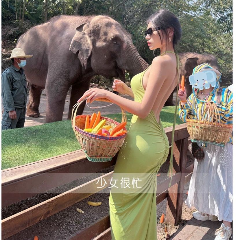 New Sexy Hot girl hip beauty holiday dress stretch beach Dew dress backless hanging neck figure long skirt LLWZ