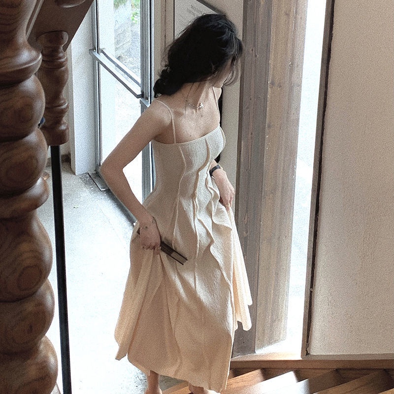 IELGY Đầm Dài Hai Dây Xếp Ly Phong Cách retro Thời Trang Cho Nữ