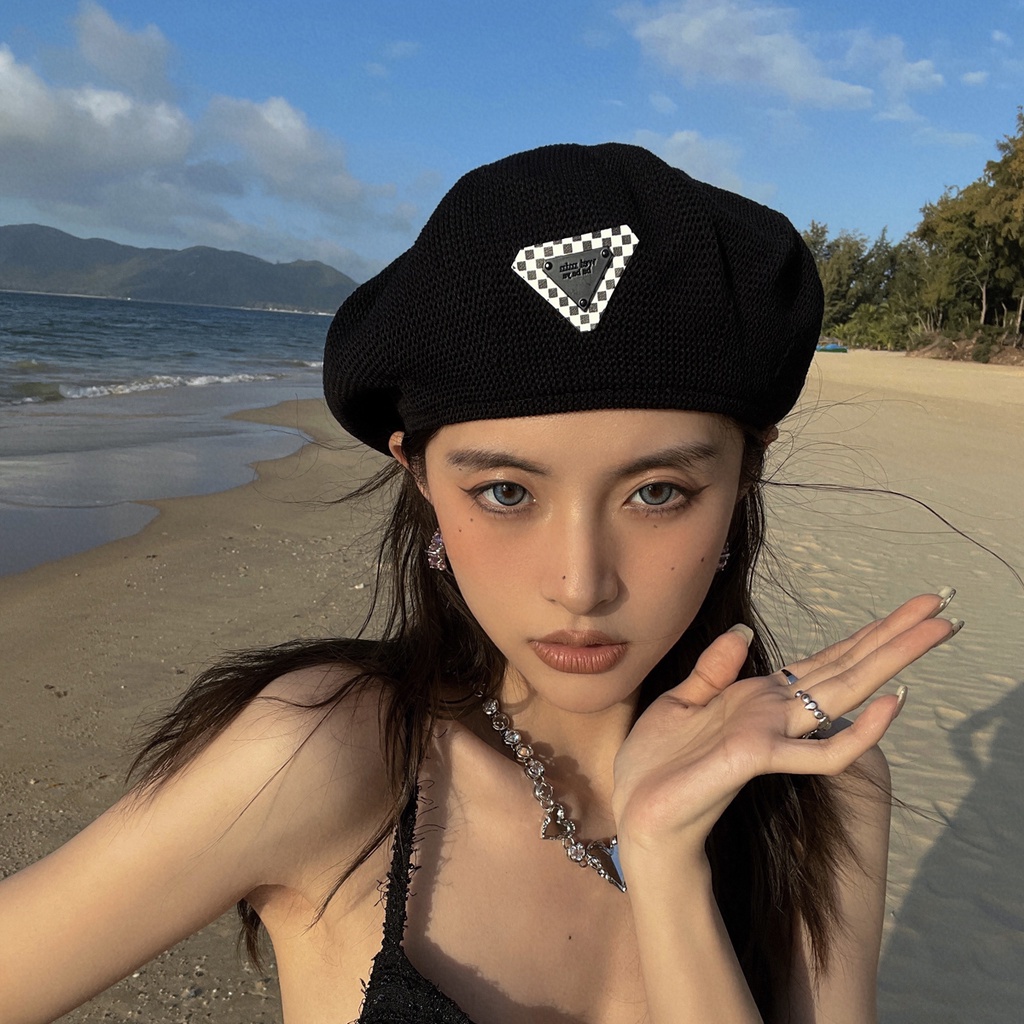 Mũ nồi beret tag tam giác kẻ caro mỏng thời trang xuân hè dành cho nữ