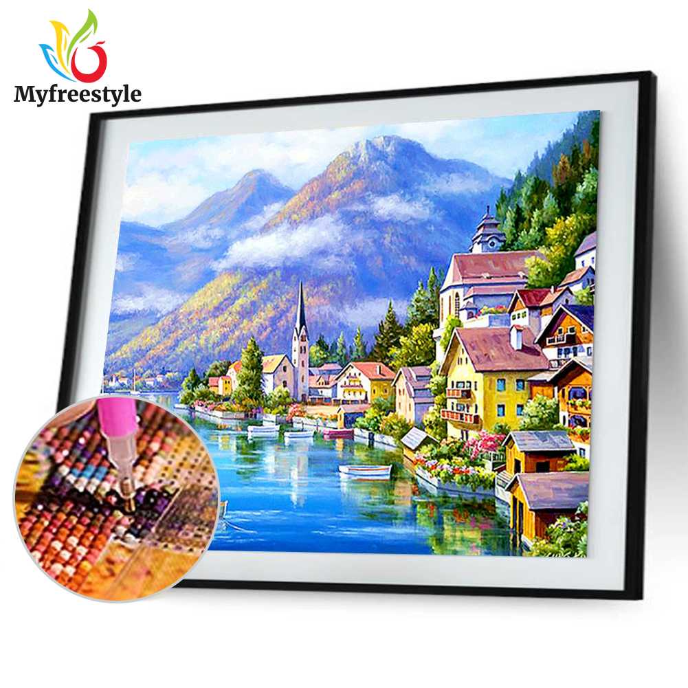 40*30cm Tranh Thêu Trang Trí Thủ Công 5D Hình Thị Trấn (Mũi Thêu Hình X)