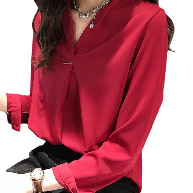 IELGY     Áo Sơ Mi Tay Dài Cổ Chữ v Thanh Lịch Cho Nữ