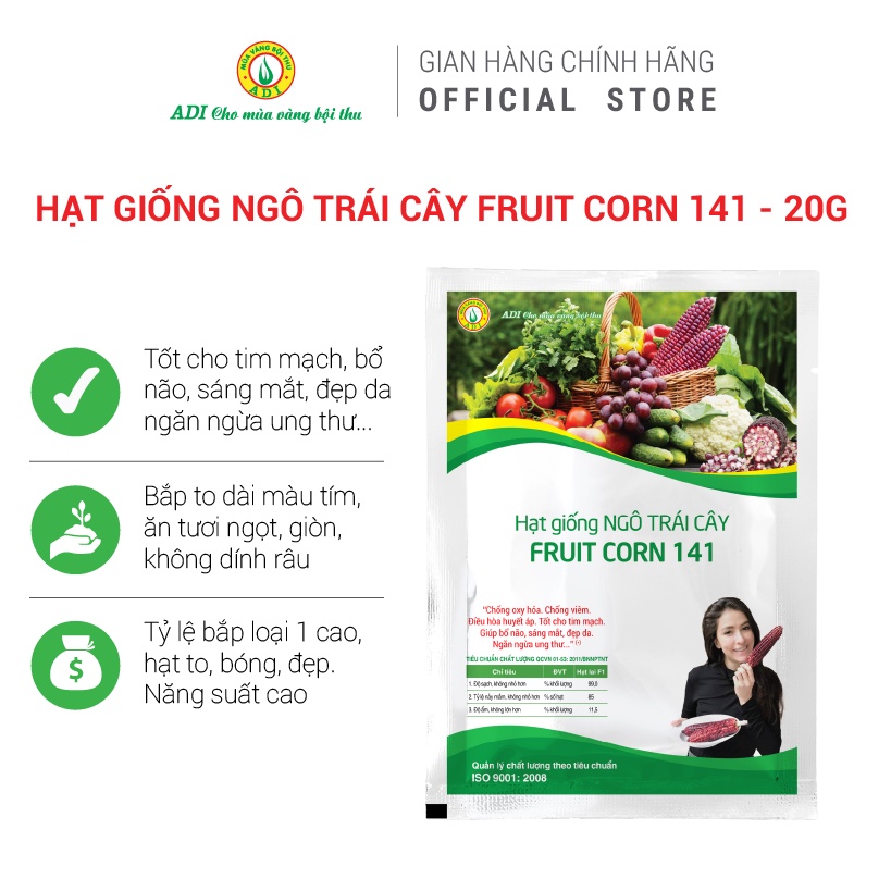 Hạt giống ngô trái cây Fruit Corn 141 gói 20g-Ăn tươi, không cần luộc, giòn, ngọt, chống oxy hoá...MUA VANG BOI THU ADI
