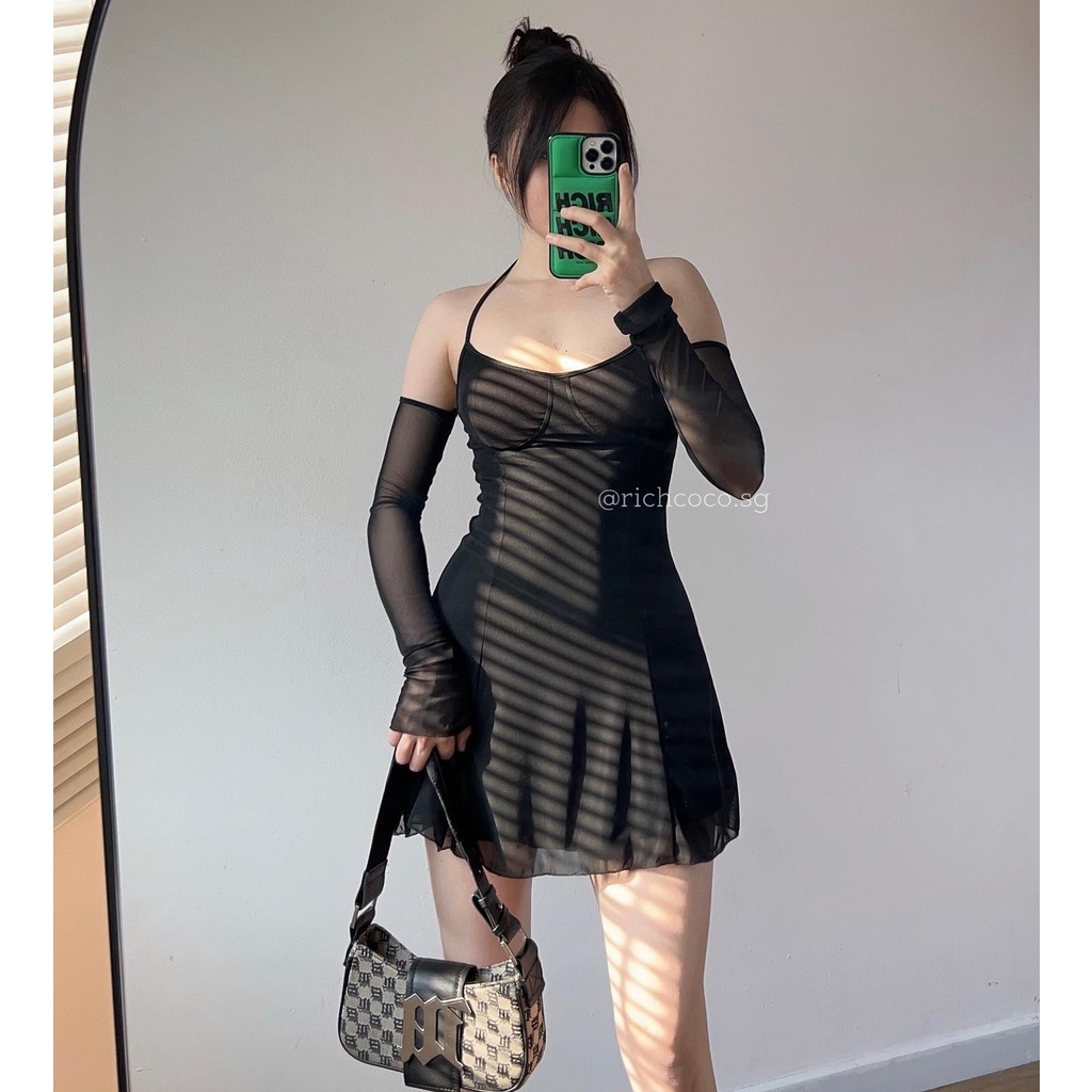 Váy body tay lưới dài ĐEN xòe