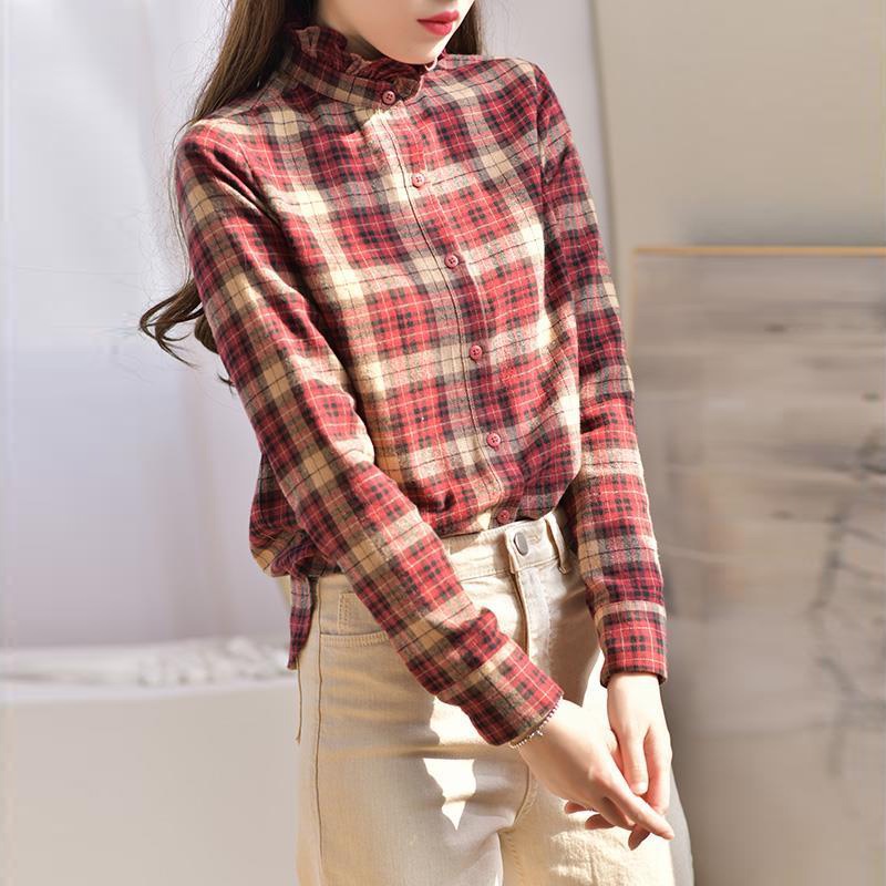 Áo Sơ Mi Cổ Đứng Chất Liệu Cotton Mềm Họa Tiết Sọc Caro Phong Cách Retro Hàn Quốc