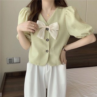 Xiang Nian Ni Áo Sơ Mi Ngắn Tay Phồng Cổ Chữ V Màu Trơn Trang Trí Nơ Phong Cách Pháp Thời Trang Cho Nữ