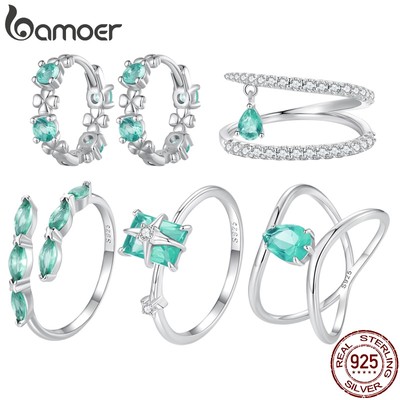 BAMOER Set Bông Tai + NhẫN BạC 925 ĐíNh Đá MàU Xanh Lá ThờI Trang