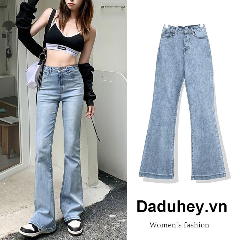DaDuHey 2023 New Korean Version Light Blue WOMEN'S Jeans High Waist Elastic Micro Flared Pants Large Size Trousers