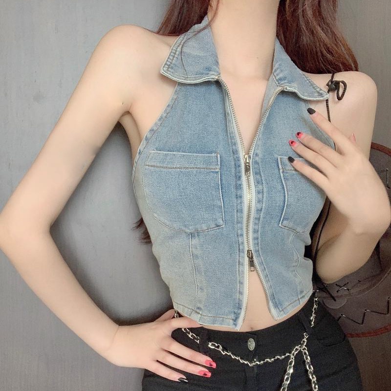 IELGY  Áo denim Hai Dây Ngắn Có Khóa Kéo Phong Cách Âu Mỹ Cho Nữ