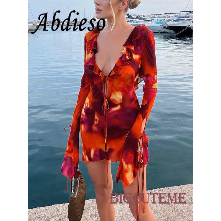 Đầm Mini Tay Dài Cổ Chữ V Họa Tiết Màu Nhuộm Phối Bèo Thời Trang Cho Nữ