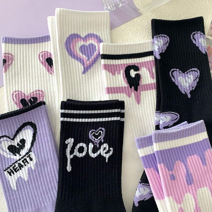 Vớ Cotton Tím Thoáng Khí Họa Tiết Trái Tim Phong Cách Harajuku Thời Trang Xuân Hè