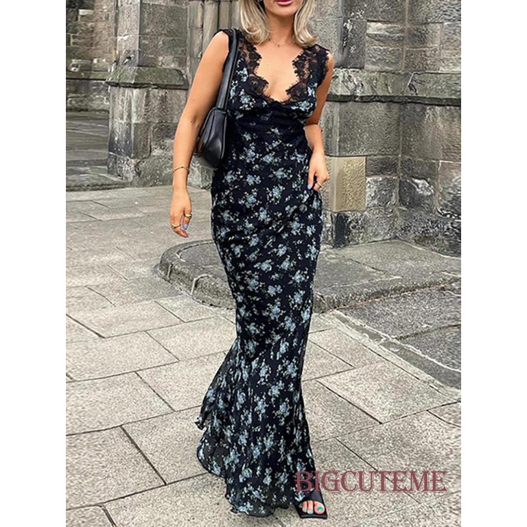 [] - Đầm Dài Không Tay Eo Cao Cổ Chữ V In Hoa Phối Ren Mỏng Hở Lưng Cho Nữ