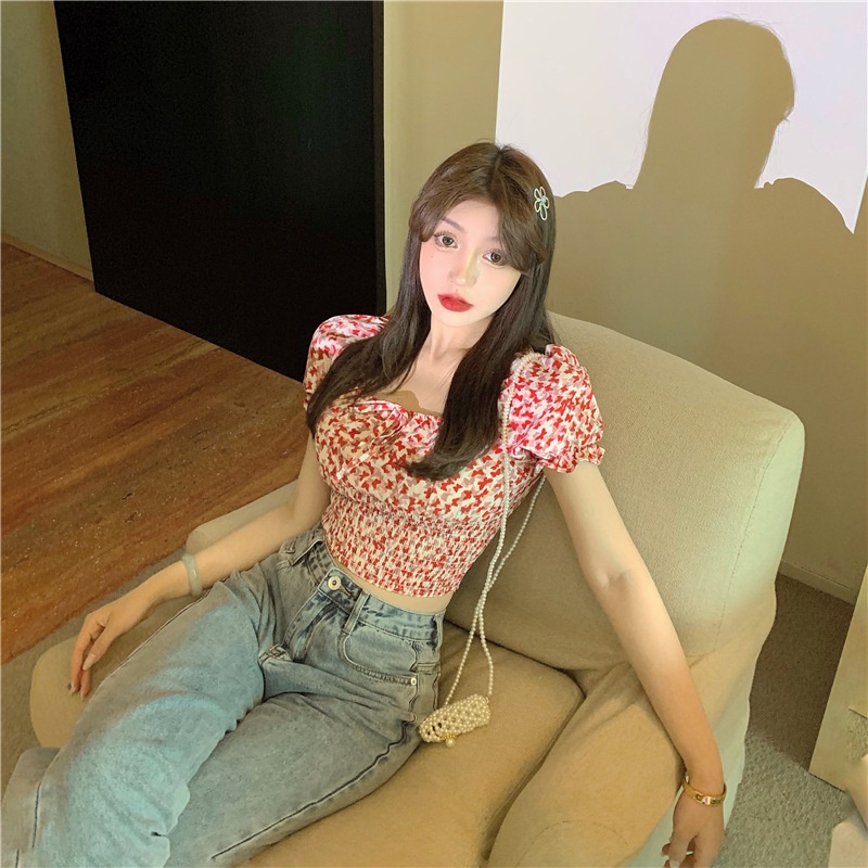 IELGY     Áo Thun Tay Phồng In Họa Tiết Bươm Bướm Dễ Thương Phong Cách Pháp Thời Trang Cho Nữ