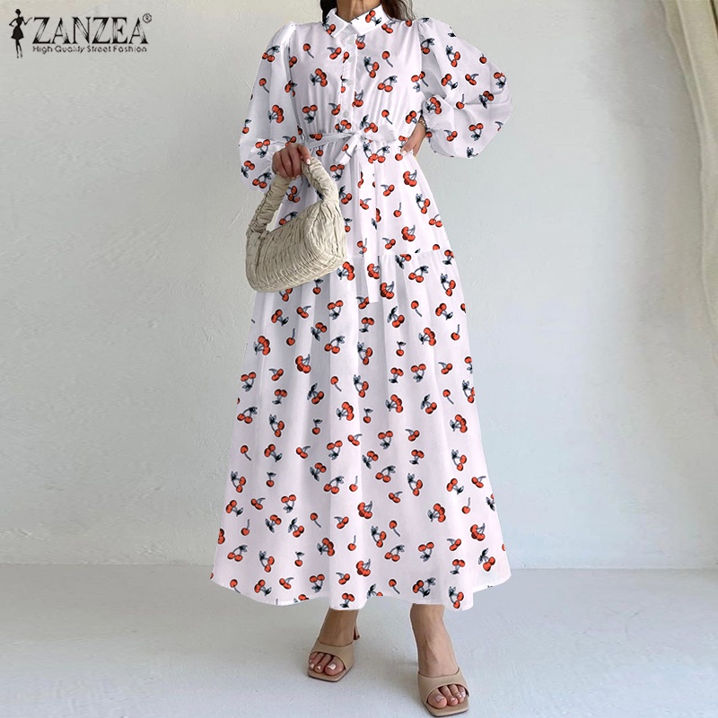 Đầm maxi ZANZEA dáng chữ A tay dài phồng in họa tiết hoa thời trang thanh lịch cho nữ