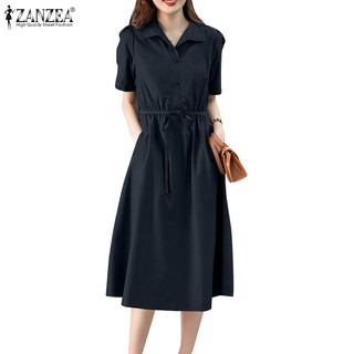 Đầm ZANZEA tay ngắn cổ bẻ màu trơn thời trang phong cách