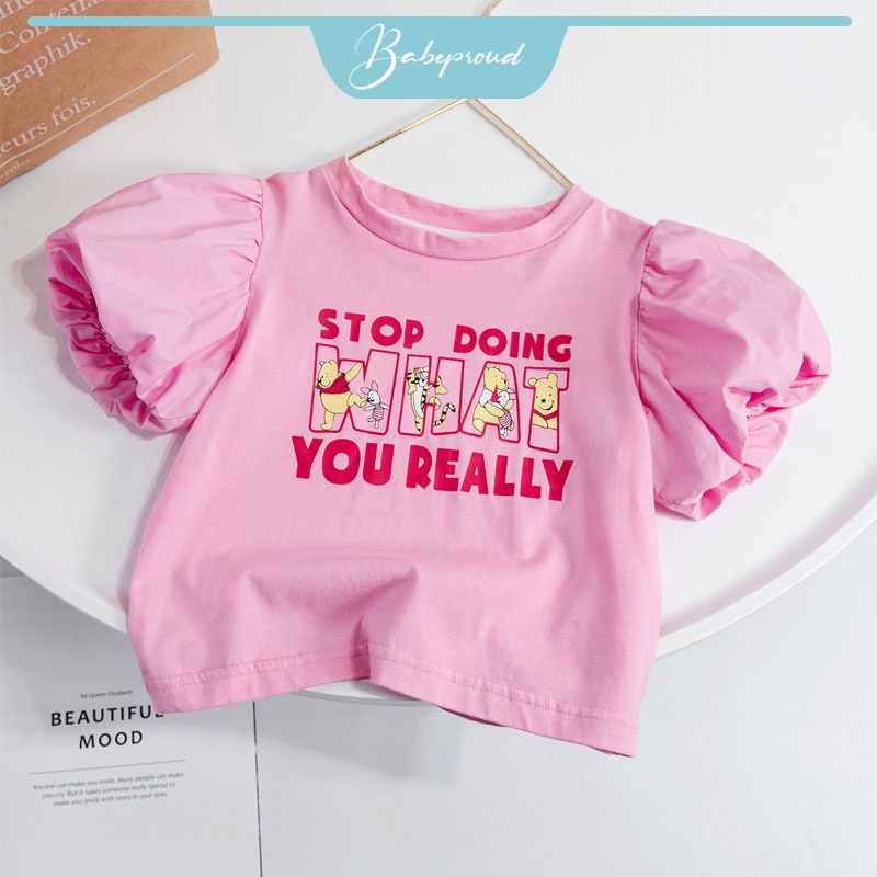 BABEPROUD Áo thun tay ngắn phồng cotton dáng rộng màu hồng gấu hoạt hình kiểu Hàn Quốc dễ thương cho bé gái 0-6 tuổi
