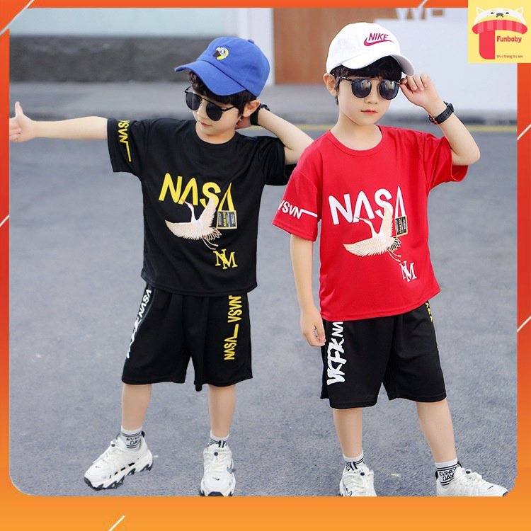 Bộ cộc tay bé trai size đại 5-11 tuổi in chữ và phối màu kiểu Hiphop túi hộp thời trang hàng Quảng Châu cao cấp