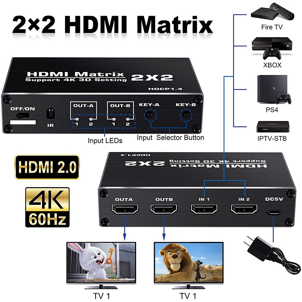 VIRWIR Bộ Chuyển Đổi HDMI Matrix 4K 2x2 1080P 2 Trong 2 Cho PS4 / PS3 PC Laptop TV