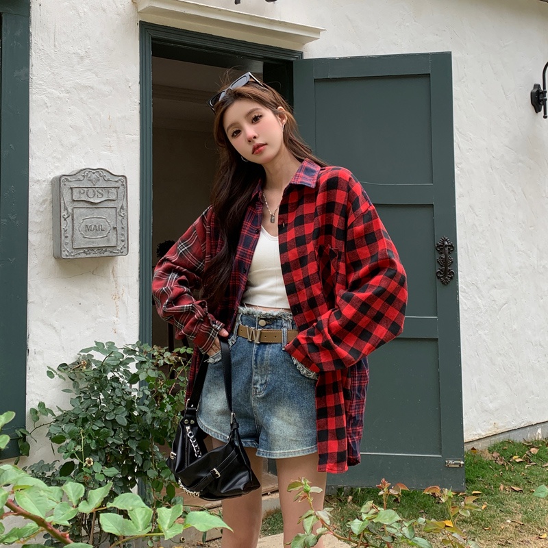 Áo Sơ Mi Nữ Tay Dài Dáng Rộng Họa Tiết Caro Thời Trang Mùa Xuân Mới